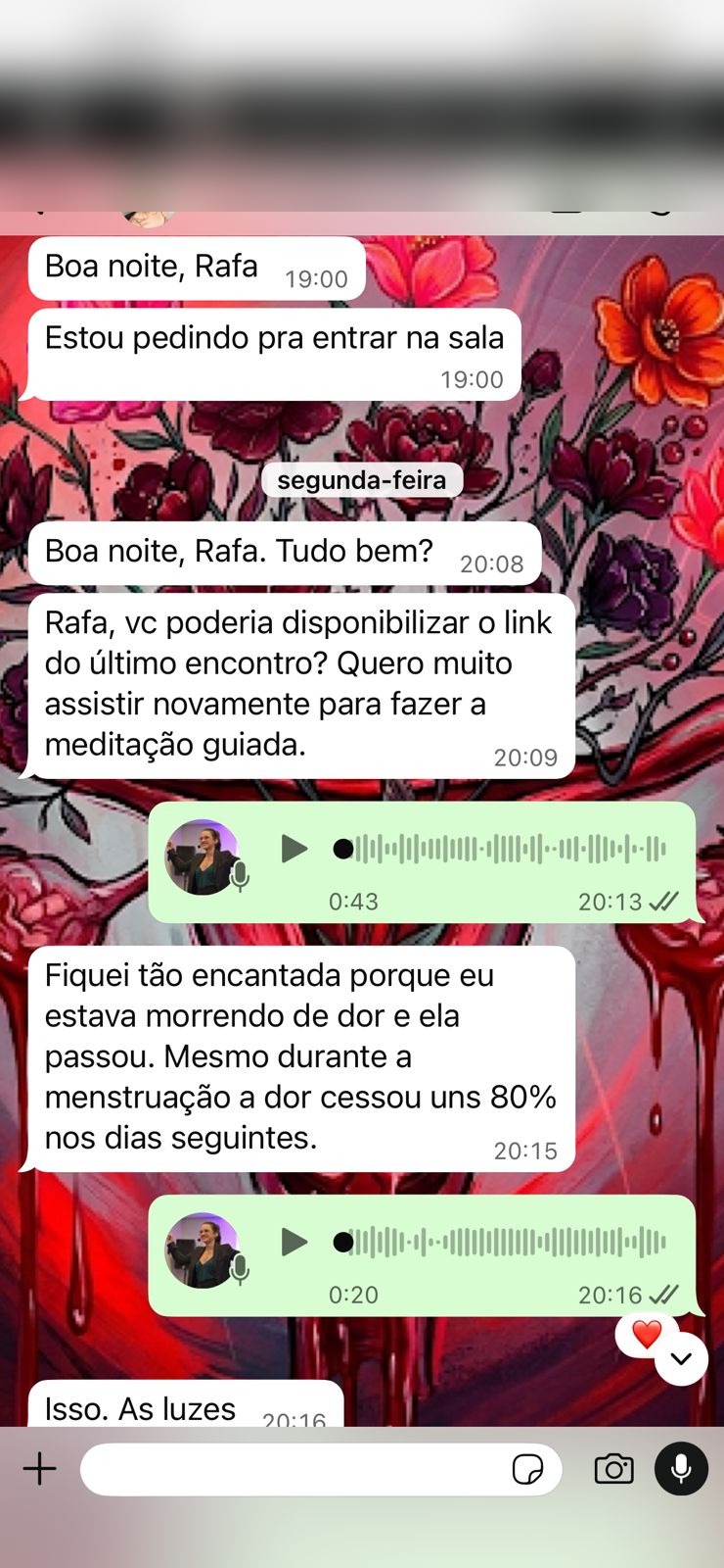 Depoimento de aluna relatando redução da dor logo nos primeiros minutos